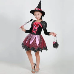 Girls Halloween Cosplay Costume Witch Dress Hat Candy Bag And Magic Stick Sets For Role Play 17 Girls Halloween Cosplay Costume Witch Dress Hat Candy Bag And Magic Stick Sets For Role Play -Children Toys Sale halloween witch cosplay costume hat sets 3
