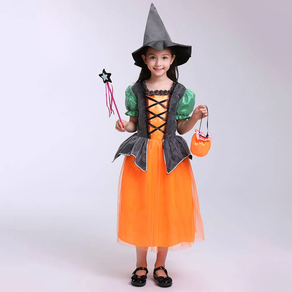Girls Halloween Cosplay Costume Witch Dress Hat Candy Bag And Magic Stick Sets For Role Play 2 Girls Halloween Cosplay Costume Witch Dress Hat Candy Bag And Magic Stick Sets For Role Play - Image 2