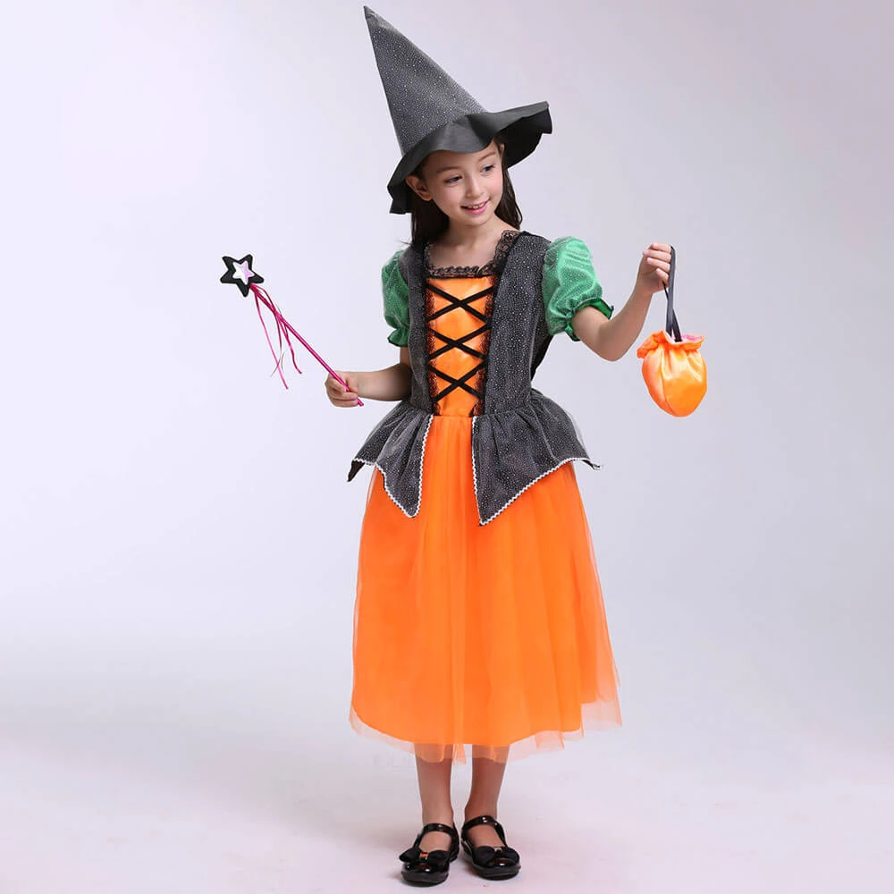 Girls Halloween Cosplay Costume Witch Dress Hat Candy Bag And Magic Stick Sets For Role Play 3 Girls Halloween Cosplay Costume Witch Dress Hat Candy Bag And Magic Stick Sets For Role Play - Image 3