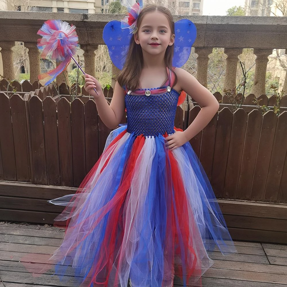 Girls July 4th Outfit Ball Gown Dress With Wing Fairy Wand Headband Full Set For Carnival 2 Girls July 4th Outfit Ball Gown Dress With Wing Fairy Wand Headband Full Set For Carnival - Image 2