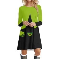 Women Elphaba Dress Wicked The Witch Green Dress With Witch Hat For Halloween Dress Up Party
