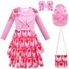 Girls Queen Of Hearts Costume Bridget Pink Tassel Dress Wig And Gloves For Birthday Party