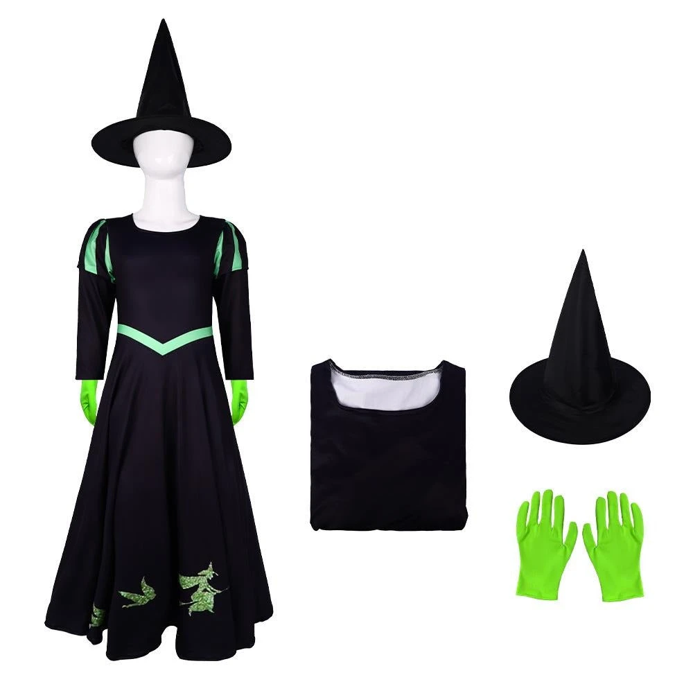 Kids Elphaba Costume Wicked Of The West Witch Costume Black Dress With Gloves And Hat 3pcs Suit 5 Kids Elphaba Costume Wicked Of The West Witch Costume Black Dress With Gloves And Hat 3pcs Suit - Image 5