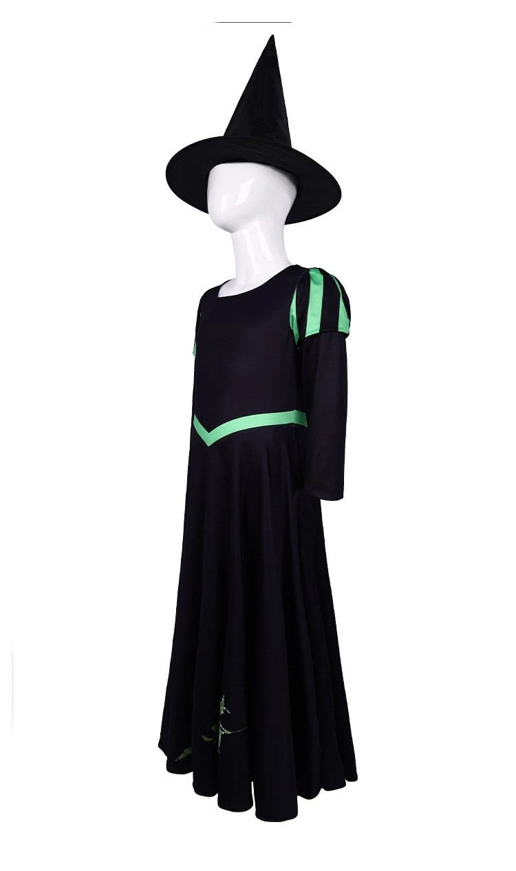 Kids Elphaba Costume Wicked Of The West Witch Costume Black Dress With Gloves And Hat 3pcs Suit 2 Kids Elphaba Costume Wicked Of The West Witch Costume Black Dress With Gloves And Hat 3pcs Suit - Image 2