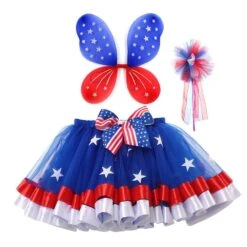 Girls Patriotic Tutu Dress With Wing And Fairy Wand 4th Of July Outfit Cute US Flag Clothes