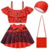 Girls Princess Red Swimsuit Red Offshoulder Tops Skirt And Swimming Cap For Beach Vacation