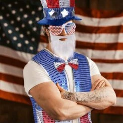Adult Uncle Sam Outfit USA Flag Vest Hat Glasses Beard Bowknot And Necklace 6pcs Costume 4th Of July Clothes