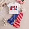 Baby Girl 4th Of July Outfit Newborn USA Independence Day T-shirt And Flared Pants Suit