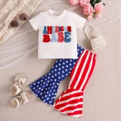 Baby Girl 4th Of July Outfit Newborn USA Independence Day T-shirt And Flared Pants Suit