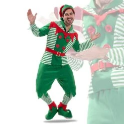 Adult Elf Costume Green Tops Pants Hats And Shoes Christmas Outfit For Xmas Party