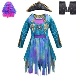 Girls Uma Costume Tassel Dress Hat And Colorful Wig For Halloween Cosplay