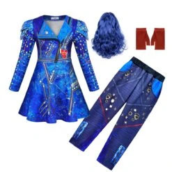 Girls Evie Costume Blue Dress And Wig Cosplay Outfit For Halloween Party