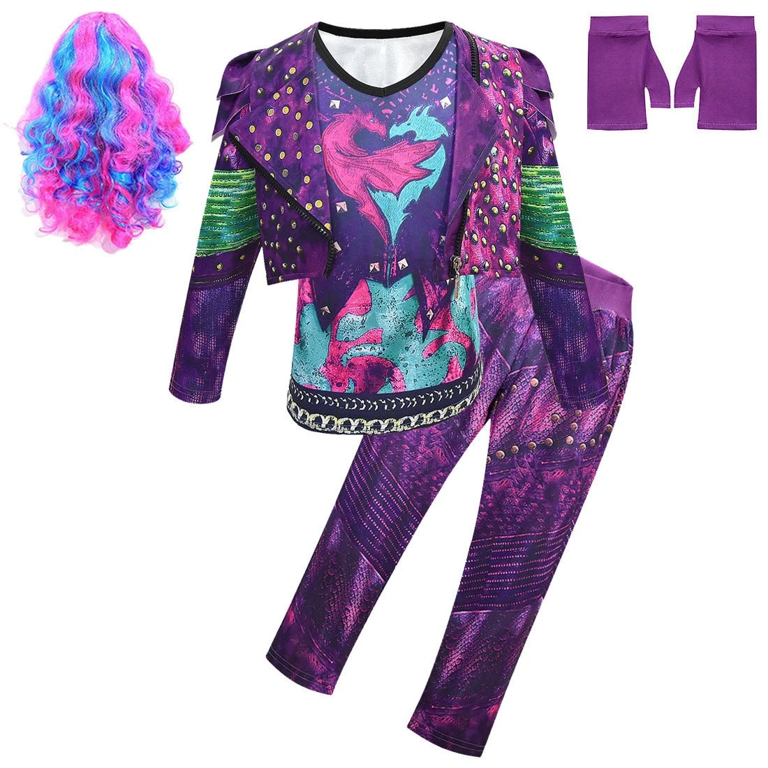 Kids Dragon Queen Outfit Girls Mal Vest Tops Pants And Wigs Full Set For Halloween Carnival 1 Kids Dragon Queen Outfit Girls Mal Vest Tops Pants And Wigs Full Set For Halloween Carnival