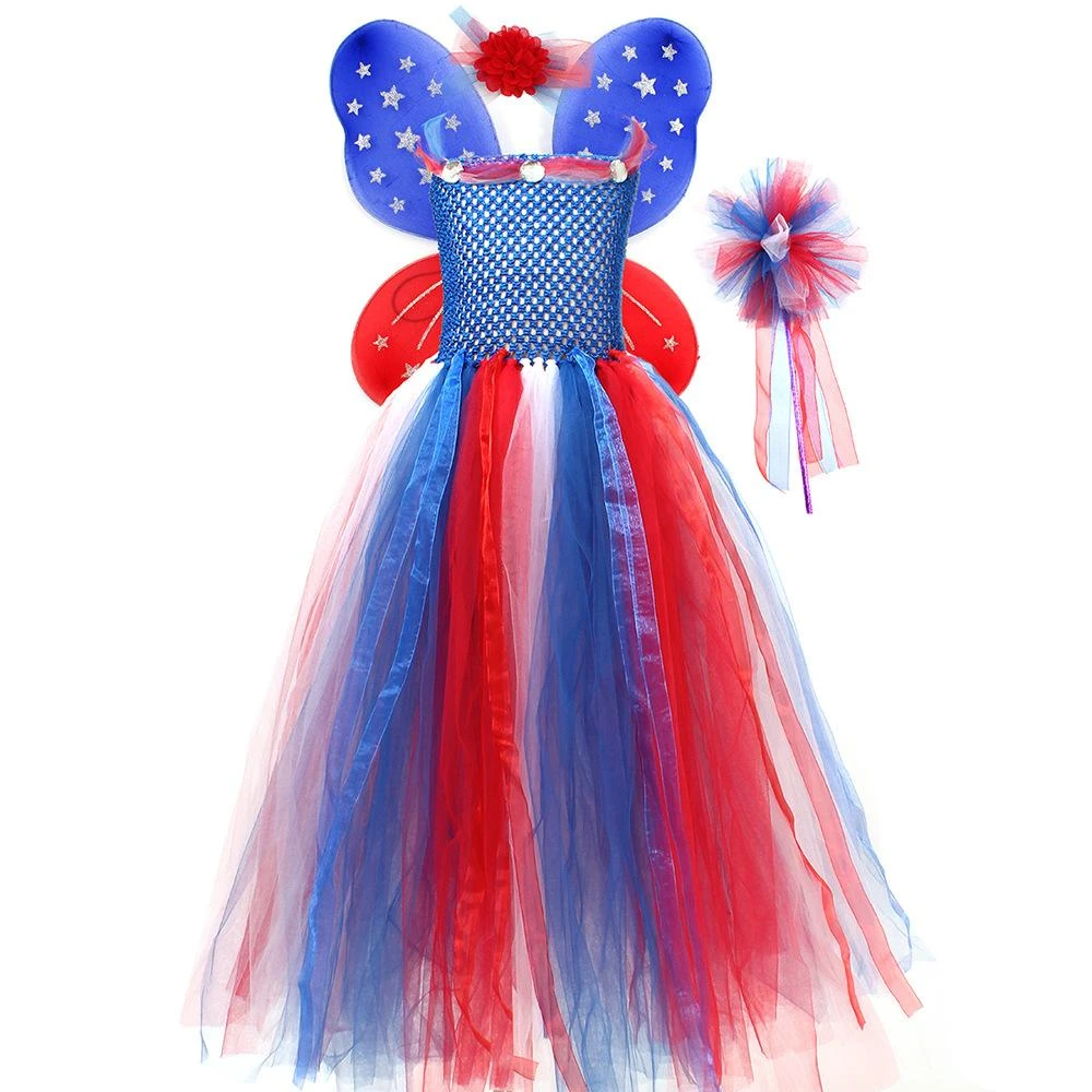 Girls July 4th Outfit Ball Gown Dress With Wing Fairy Wand Headband Full Set For Carnival 4 Girls July 4th Outfit Ball Gown Dress With Wing Fairy Wand Headband Full Set For Carnival - Image 4