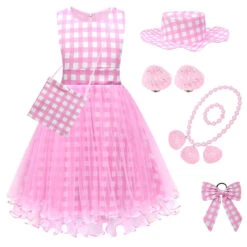 Girls Pink Dress Plaid Lace Ball Gown Party Costume With Accessories For Age 2T-8 -Children Toys Sale kids barbie pink fluffy dress 1