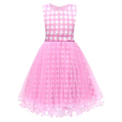 Girls Pink Dress Plaid Lace Ball Gown Party Costume With Accessories For Age 2T-8 -Children Toys Sale kids barbie pink fluffy dress 2