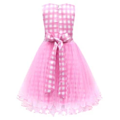 Girls Pink Dress Plaid Lace Ball Gown Party Costume With Accessories For Age 2T-8 -Children Toys Sale kids barbie pink fluffy dress 3