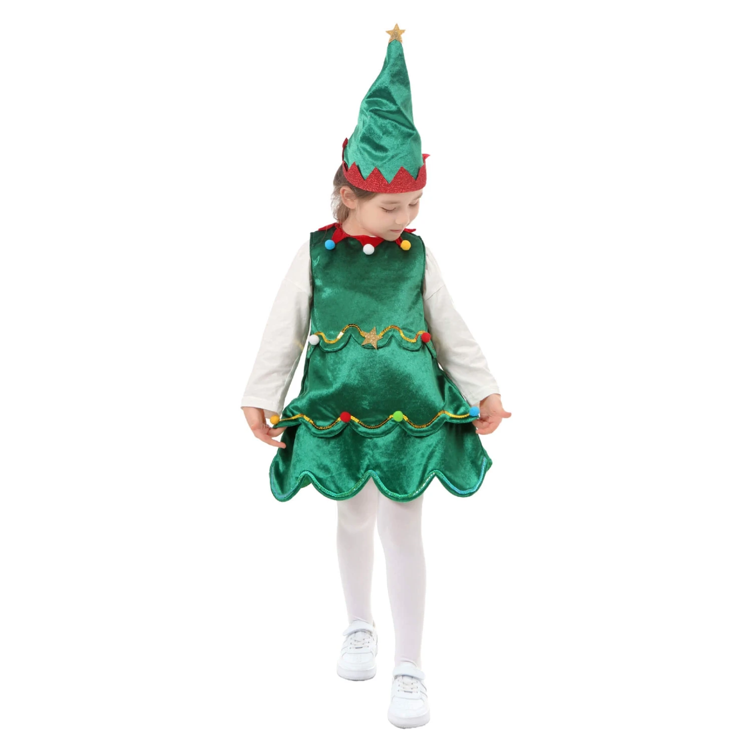 Kids Christmas Tree Costume Green Xmas Dress Hat And White Pantyhose For Girls 3 Kids Christmas Tree Costume Green Xmas Dress Hat And White Pantyhose For Girls - Image 3