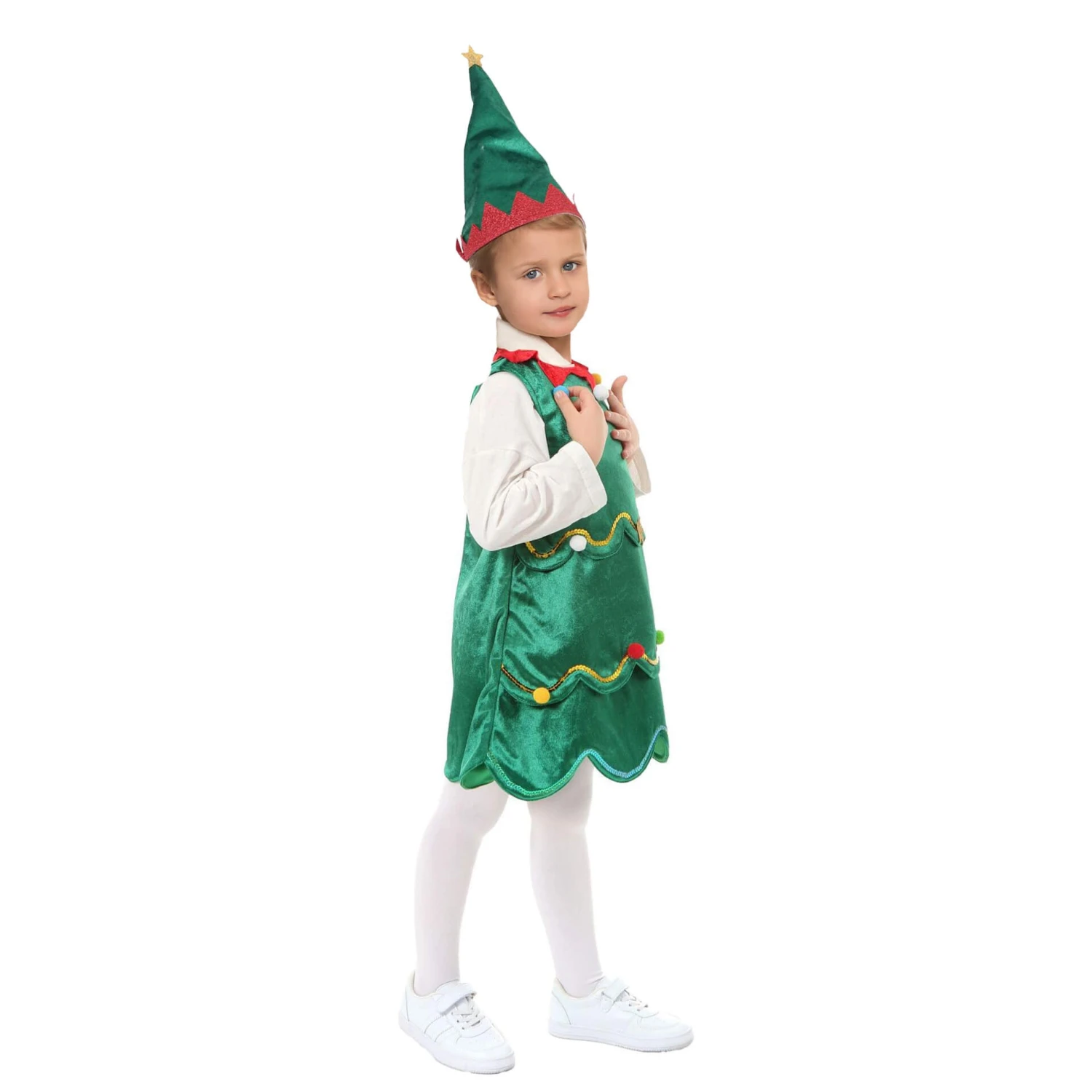 Kids Christmas Tree Costume Green Xmas Dress Hat And White Pantyhose For Girls 2 Kids Christmas Tree Costume Green Xmas Dress Hat And White Pantyhose For Girls - Image 2