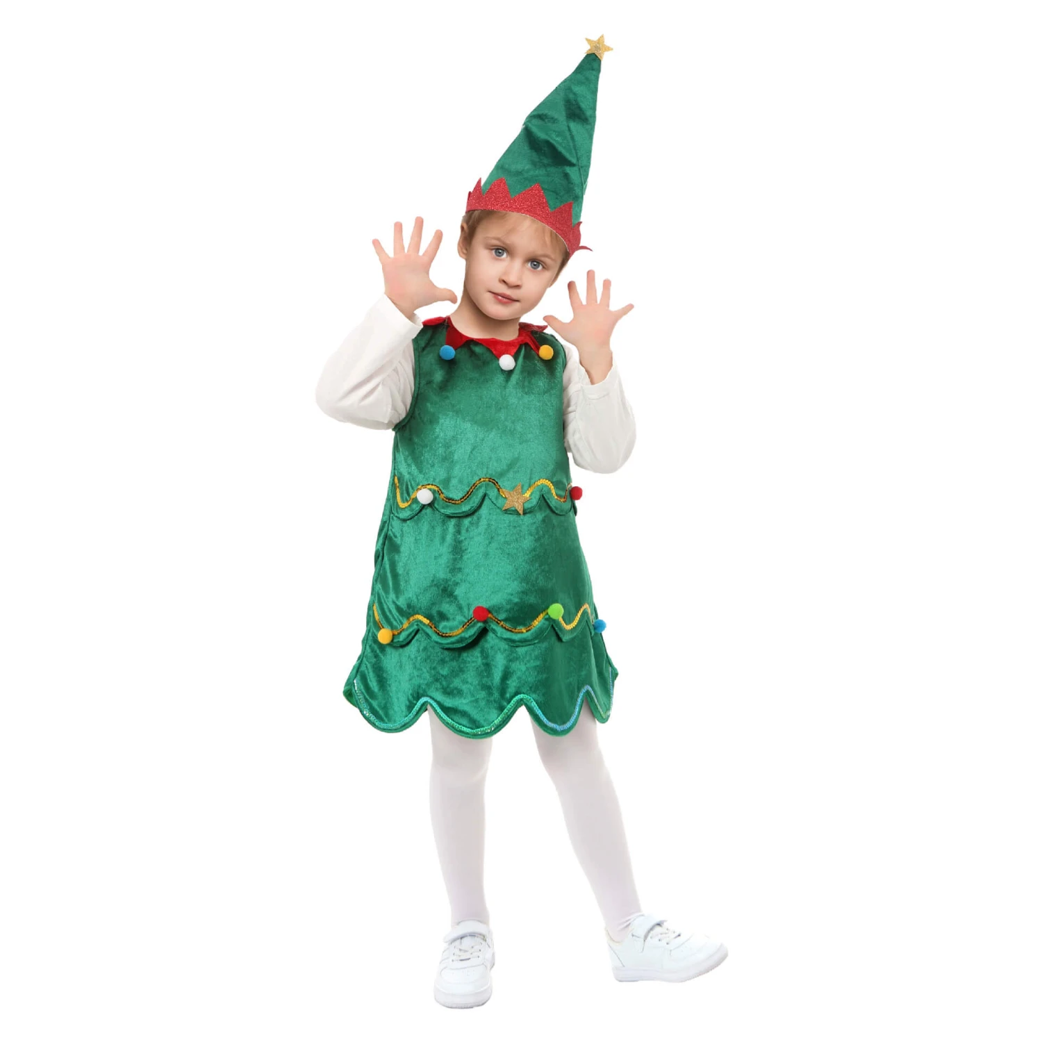 Kids Christmas Tree Costume Green Xmas Dress Hat And White Pantyhose For Girls 1 Kids Christmas Tree Costume Green Xmas Dress Hat And White Pantyhose For Girls