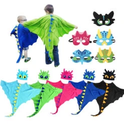 Kids Dragon Cloak With Hat Mask 3pcs Dinosaur Cosplay Costume Cape For Halloween Party