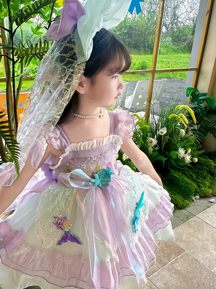 Kids Princess Mermaid Dress Multi Layer Lace Ball Gown Dress With Tulle Bow Veil 2 Kids Princess Mermaid Dress Multi Layer Lace Ball Gown Dress With Tulle Bow Veil - Image 2