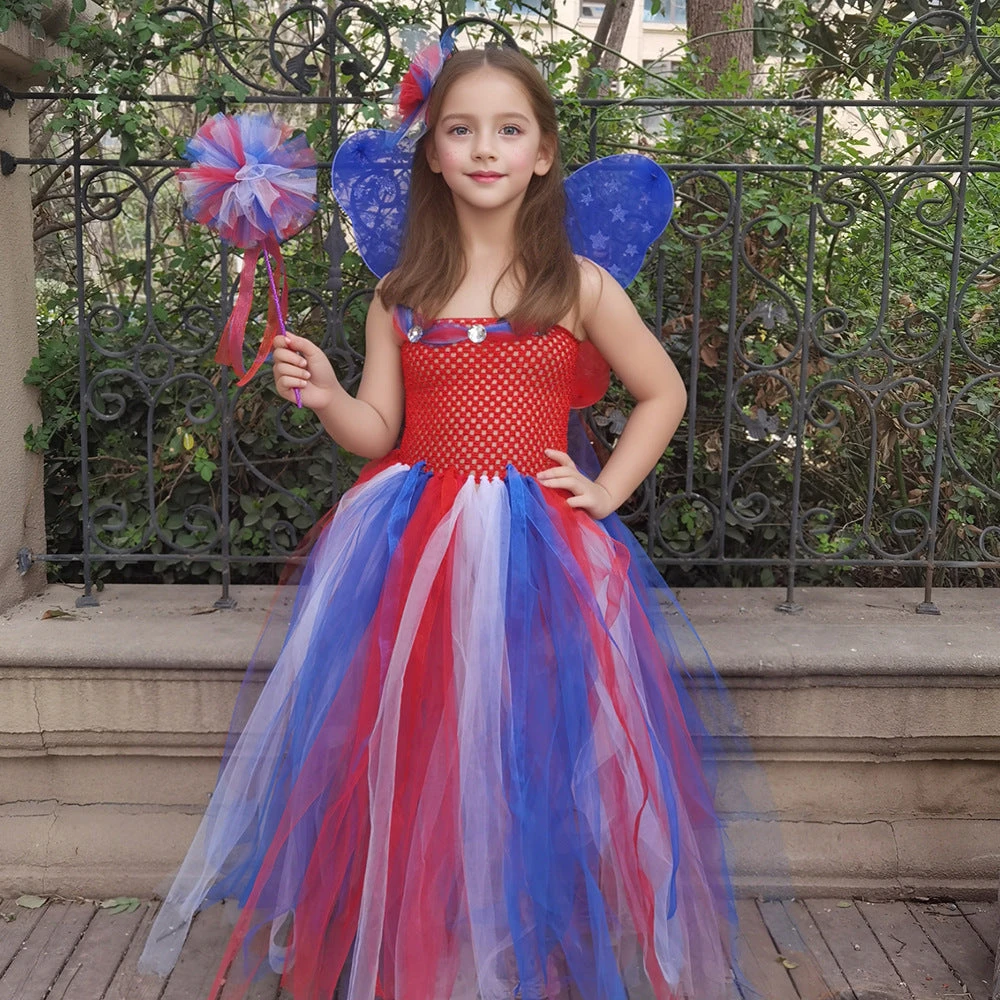 Girls July 4th Outfit Ball Gown Dress With Wing Fairy Wand Headband Full Set For Carnival 1 Girls July 4th Outfit Ball Gown Dress With Wing Fairy Wand Headband Full Set For Carnival