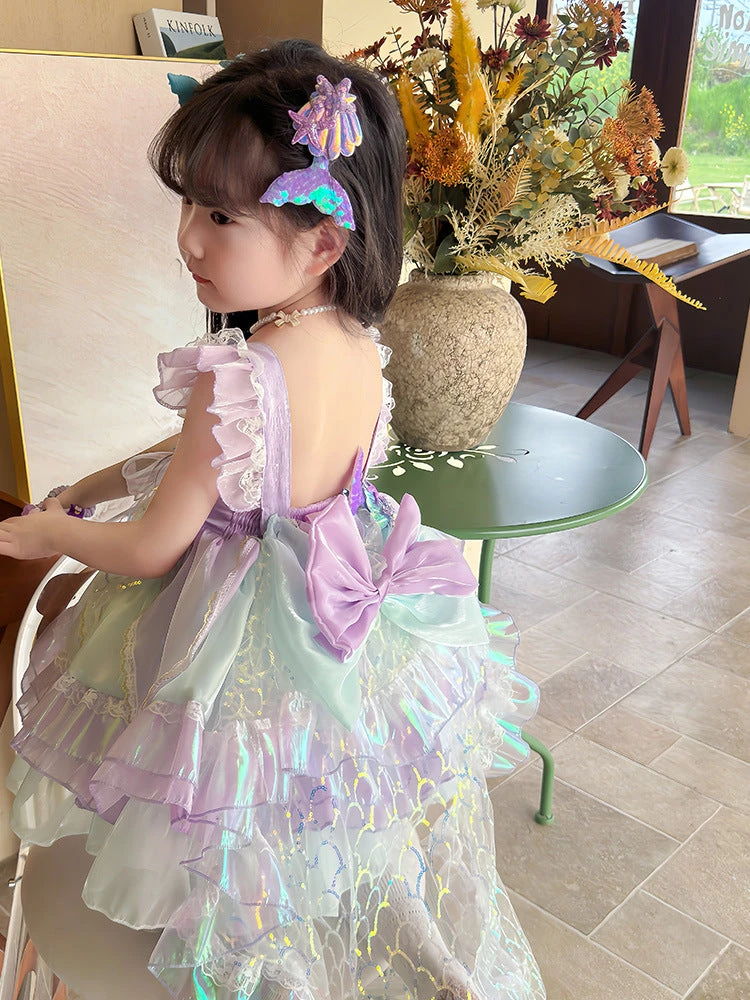 Kids Princess Mermaid Dress Multi Layer Lace Ball Gown Dress With Tulle Bow Veil 4 Kids Princess Mermaid Dress Multi Layer Lace Ball Gown Dress With Tulle Bow Veil - Image 4