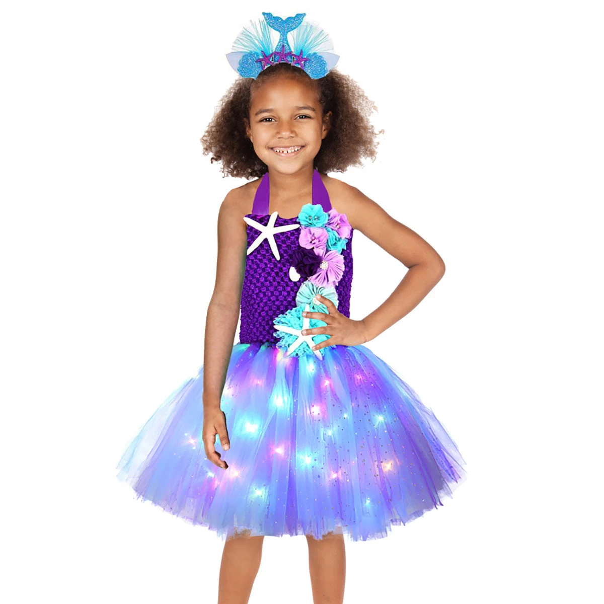 Light Up Princess Dress Mermaid Tutu Dress Glowing Birthday Dress With Headband 7 Light Up Princess Dress Mermaid Tutu Dress Glowing Birthday Dress With Headband - Image 7
