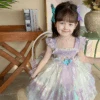 Kids Princess Mermaid Dress Multi Layer Lace Ball Gown Dress With Tulle Bow Veil