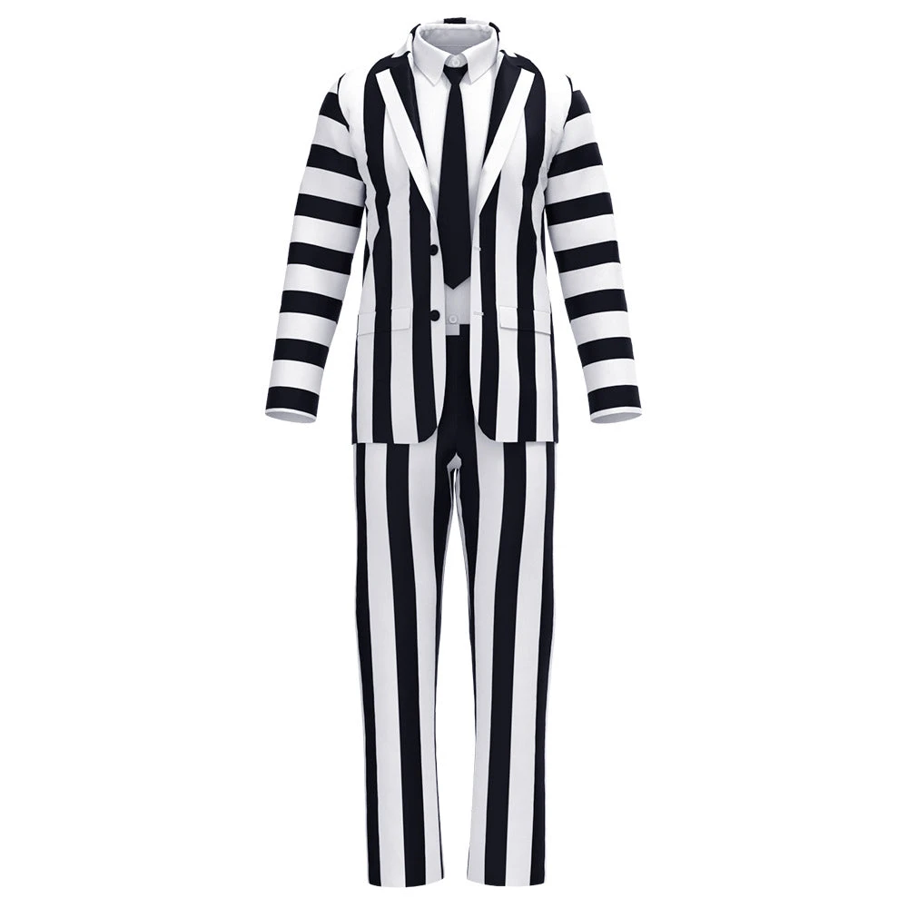 Men's Betelgeuse Costume Black And White Striped Suit Jacket Pants Shirts Outfit For Halloween Cosplay 4 Men's Betelgeuse Costume Black And White Striped Suit Jacket Pants Shirts Outfit For Halloween Cosplay - Image 4