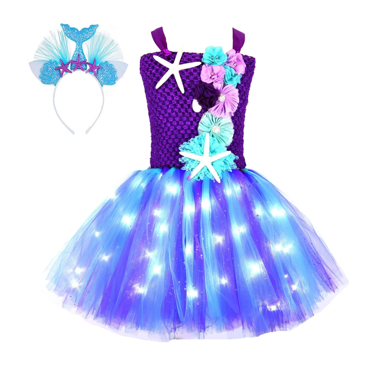 Light Up Princess Dress Mermaid Tutu Dress Glowing Birthday Dress With Headband 8 Light Up Princess Dress Mermaid Tutu Dress Glowing Birthday Dress With Headband - Image 8
