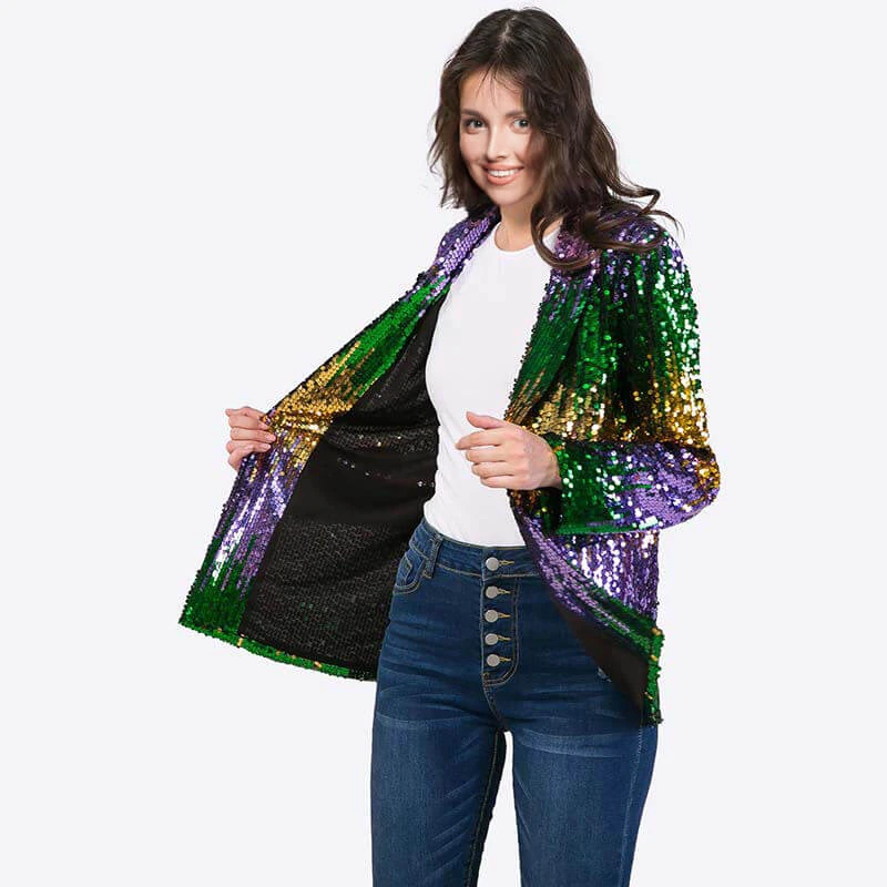 Mardigra Sequin Outfit Fat Tuesday Women Color Block Jacket Shiny Carnival Costume For Adult 3 Mardigra Sequin Outfit Fat Tuesday Women Color Block Jacket Shiny Carnival Costume For Adult - Image 3