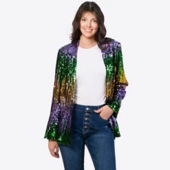 Mardigra Sequin Outfit Fat Tuesday Women Color Block Jacket Shiny Carnival Costume For Adult