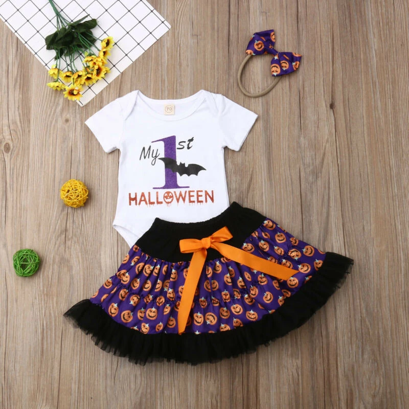 Baby Girls Halloween Romper Tutu Dress Headband Outfits 3PCS 2 Baby Girls Halloween Romper Tutu Dress Headband Outfits 3PCS - Image 2