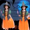 Girls Halloween Cosplay Costume Witch Dress Hat Candy Bag And Magic Stick Sets For Role Play