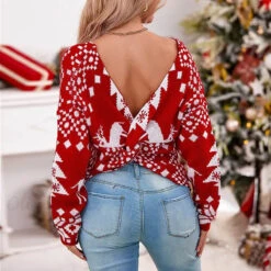 Women Christmas Sweater Criss Cross Backless Pullover Christmas Red Sweater With Long Sleeves -Children Toys Sale women christmas sweater 5