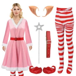 Women ELf Costume Jovie The Elf Christmas Dress Fairy Ears And Leggings Full Set